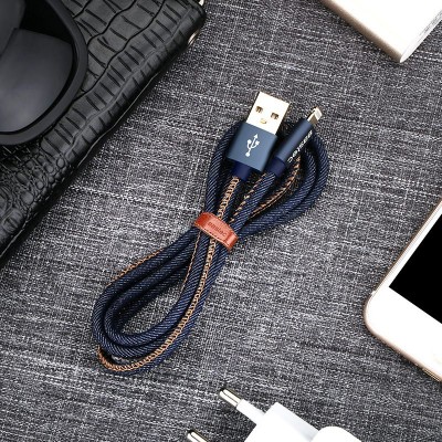 Denim USB Charging Cable with Leather Cable Organiser
